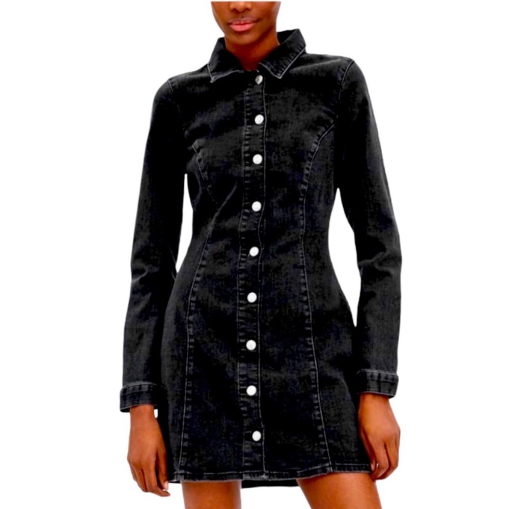 Zara black denim long sleeve button up coverall dress